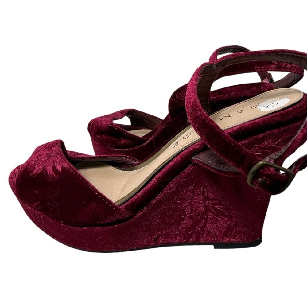 Vtg Y2K Rampage Crissy 6 Merlot Floral Velvet Platform Wedge Ankle Strap Sandals - Picture 2 of 7